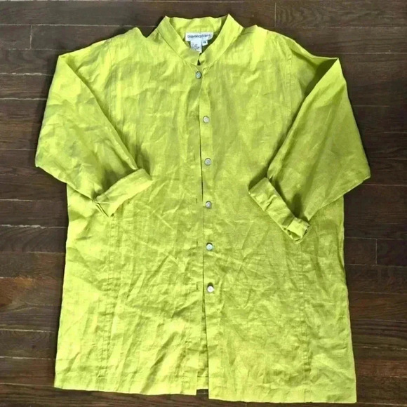 Bloomingdale 100% linen chartreuse button down shirt size 14 - Picture 1 of 10